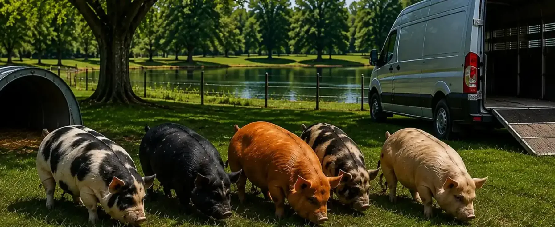 Kunekune pigs beside an open small-animal transport van