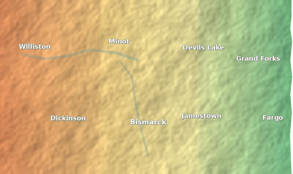 Topographic care map for Kunekune planning in North Dakota