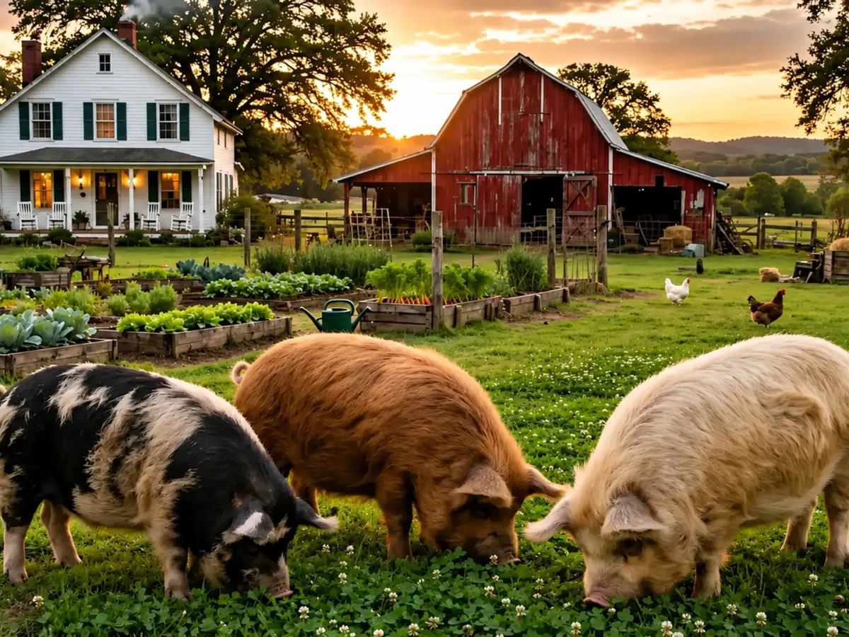 Kunekune pigs on a small farm or homestead